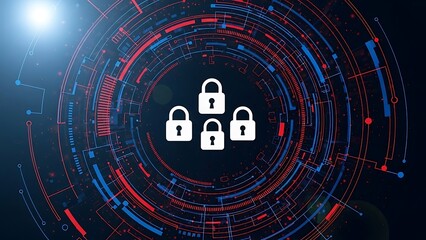 Three white closed padlock centered in a glowing circular digital network with red and blue lines