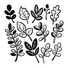 Diverse set of charming hand-drawn vector botanical illustrations featuring various leaves and branches in a whimsical doodle art style, ideal for natural designs and organic projects