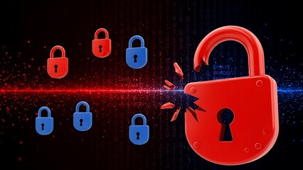 Red padlock breaking through blue padlocks on digital background