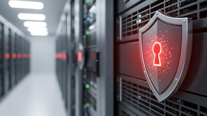Red glowing shield with keyhole symbol on server rack in data center with rows of servers and lights