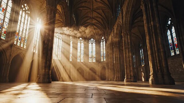 Golden sunbeams pierce ancient cathedral interior casting divine light onto ornate architecture