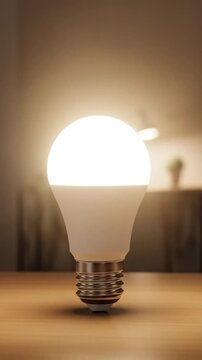 Close-up of a bright LED light bulb glowing on a wooden surface.