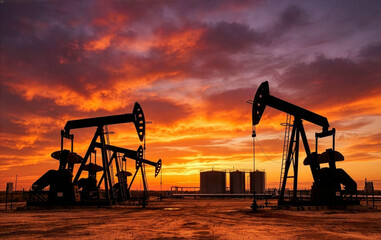 Silhouetted oil pump jacks in an open field operating during a vibrant sunset with dramatic orange and purple clouds.