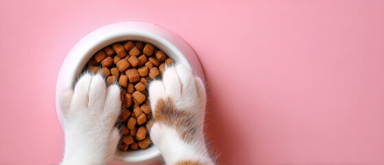 concept banner, flyer, advertising pet shop, veterinarian hospital, veterinarian, copy space. Cute cat paws reach for food in a white bowl on a pink surface, capturing a playful moment