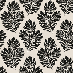 Seamless black and grey floral background with leaves and flowers. Hand drawn minimal abstract organic shapes pattern. Vector grey abstact pattern with black leaves and flowers