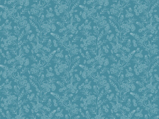 Seamless floral pattern.  Botanical clip art. Wildflowers wreath skethc.Vector line drawn leaves and flowers branches.Vector blue and white flowers.