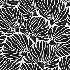 Seamless black and white floral background with stilisation flowers. Vector hand drawn minimal abstract organic shapes pattern. Monochrome