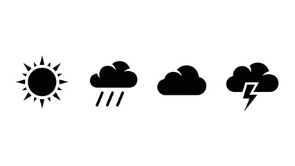 A set of four black weather icons including sun rain clouds and lightning on a white background
