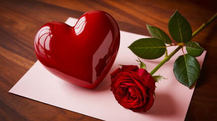 Heartfelt moments captured with a glossy red heart and a delicate rose on a lovely note