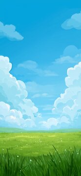 Summer landscape green meadows, blue sky and gorgeous clouds banner background for web or mobile apps with space for text