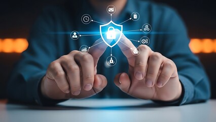 Person touching digital security interface with blue shield lock and on transparent screen