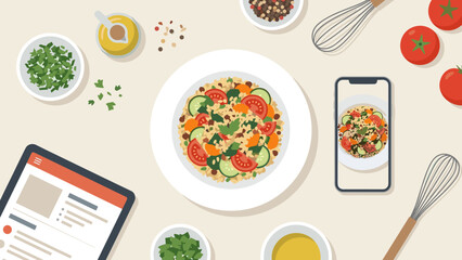 Food blog recipe concept. Top view kitchen workspace. Healthy salad plate, tablet, smartphone taking photo. Digital influencer content. Flat lay culinary cooking preparation vector