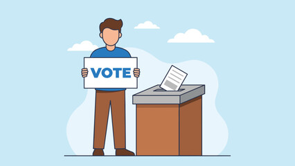 Man with Vote sign at ballot box. Election democracy concept. Citizen rights civic duty. Polling station vector illustration. Political campaign. Casting ballot paper. Voting freedom