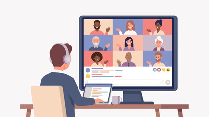 Video conference call. Remote team meeting. Virtual work webinar. Man with headphones at computer. Online digital communication. Diverse group grid. Telecommuting home office chat
