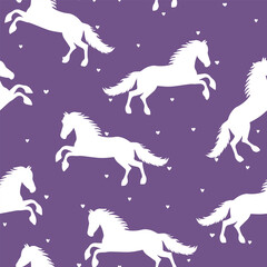 Animal seamless pattern with cartoon horses on color background. Cute holiday illustration with horse. Design for invitation, poster, card, fabric, textile, wrapper.