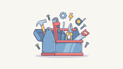 Toolbox repair equipment. Construction tools set. Hammer wrench screwdriver pliers saw. Handyman kit. Maintenance service concept. Mechanic workshop. DIY renovation. Vector illustration.