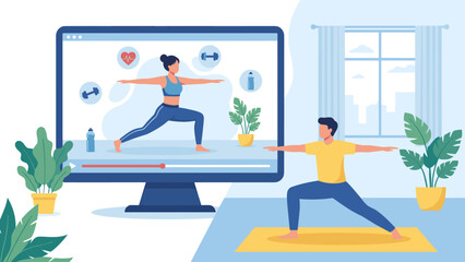 Online fitness class. Man doing yoga at home with virtual instructor on screen. Digital workout tutorial. Healthy lifestyle. Remote sport. Web lesson. Wellness. Video exercise concept.