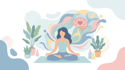 Woman practicing yoga and mindfulness at home in lotus pose on mat, meditation for mental health, calm mind, self care, relaxation with plants, candles, abstract brain and flowing shapes