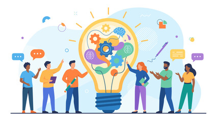 Brainstorming creative ideas concept. Diverse team collaboration around giant lightbulb. Innovation gears mechanism. Strategy meeting teamwork solution. Corporate problem solving.