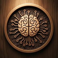 Wooden Carving of a Human Brain with Electronic Circuitry Pattern, Representing Artificial Intelligence and Neural Networks Concepts