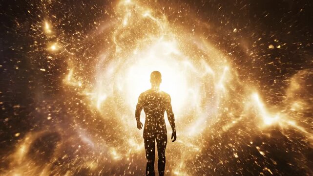 Silhouette of a man against bright golden swirling galaxy of stars showing evolution in a cosmic universe