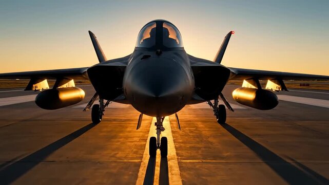 Military fighter jet on a runway at sunset ready for takeoff or landing. Combat aircraft in golden hour light for defense concept.