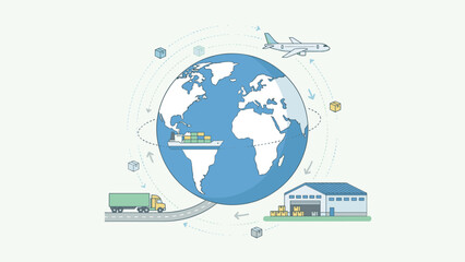 Global logistics network worldwide shipping. Supply chain cargo ship airplane truck warehouse around earth globe. International freight transport delivery distribution export import