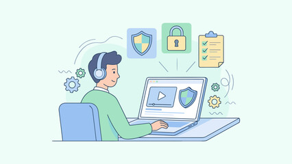 Online cybersecurity training concept. Man watching laptop tutorial. Digital safety education. IT security course. Data protection learning. Shield lock checklist. Secure web tech