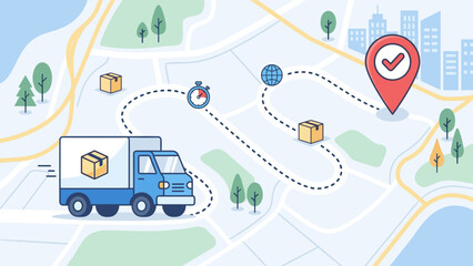 Delivery truck driving on map route with red GPS pin. Order tracking concept. Logistics shipping transportation service. Courier cargo package. Navigation path flat vector illustration.