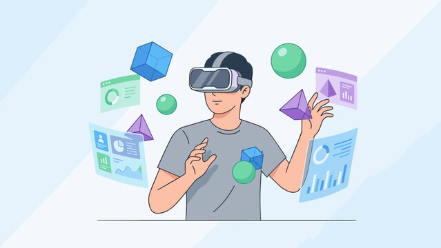 Virtual reality experience. Man wearing VR headset touching 3D shapes. Augmented reality technology. Metaverse concept. Digital data interface. Cyberspace simulation. Innovation. - Powered by Adobe