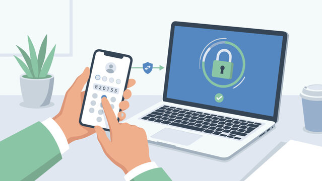 Two-factor authentication concept. 2FA security login. User holding phone entering code. Laptop lock screen. Cybersecurity technology. Multi-factor safety. Identity verification. - Powered by Adobe