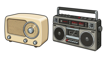 Retro radios and boomboxes displayed together on a clean white background