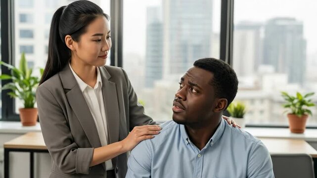 Asian woman comforting sad african american man in office space. Support and empathy at workplace. Business colleagues having serious conversation.