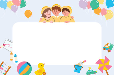 Fototapeta premium Cheerful Kindergarten Friends Holding Blank Sign with Playful Toys
