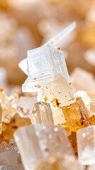 Macro close-up of translucent salt crystals with geometric shapes and light brown specks.