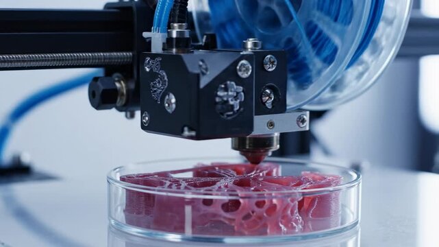 Bioprinter creates artificial tissue in petri dish. Bio engineering for medical science research. Modern laboratory equipment.