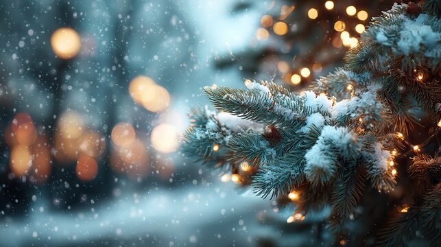 Very beautiful Christmas winter blurred background featuring a snowy decorated Christmas tree illuminated with warm garland lights, creating a magical festive New Year holiday atmosphere in widescreen
