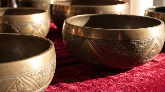 Many metal singing bowl on red texture fabric. Traditional tibetan sound bath healing tool. Meditation and relaxation music instrument.