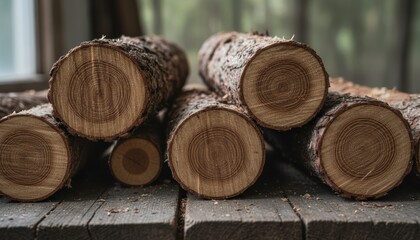 Stack of freshly cut firewood logs showing detailed annual rings and natural wood texture on a rustic dark wooden surface