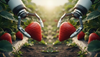 Advanced robotic arm picking ripe strawberry in a sunny agricultural field