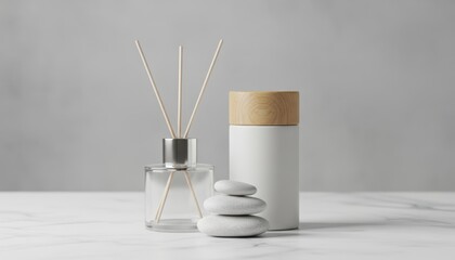 Minimalist luxury reed diffuser, essential oil bottle, and stacked zen spa stones on white marble surface.