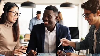 Multi-ethnic group business people discuss data chart on digital tablet for financial analysis and project planning. Diverse teamwork in office. - Powered by Adobe