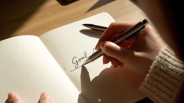 Handwriting Goal Achieved in Notebook with Pen and Sunlight Detail