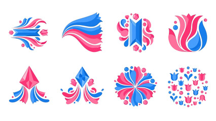 Collection of abstract decorative elements in pink and blue for graphic design use