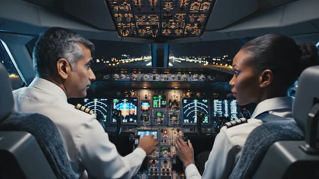Pilots in Cockpit at Night - Ensuring Safe Flight.