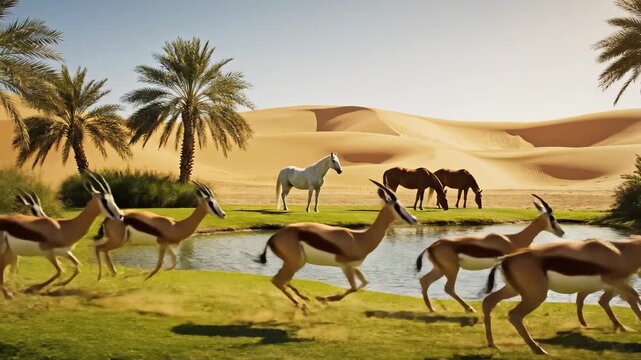 Oasis Wildlife - Gazelles and Horses in a Desert Paradise.