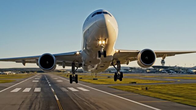 Commercial airplane taking off from airport runway during golden hour for travel concept.