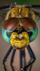 A very close-up macro shot of a dragonfly's head, showcasing its large compound eyes and detailed facial features.