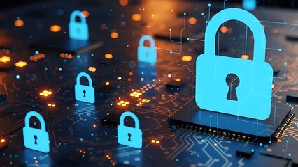 Blue padlocks on a circuit board with orange lights cybersecurity