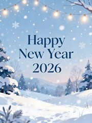 Happy New Year 2026 Winter Landscape with Snowflakes & Festive Lights